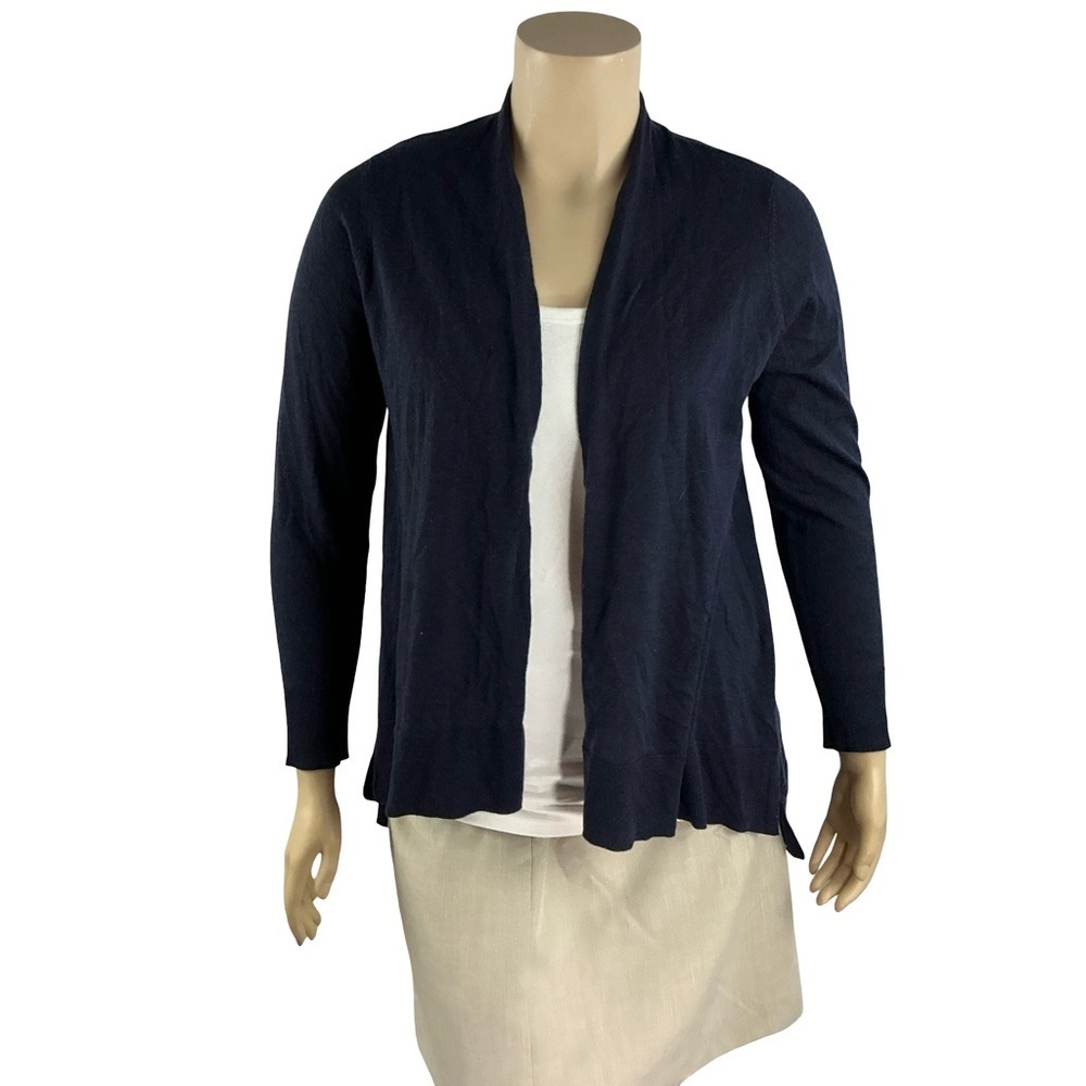 Eileen Fisher Merino Wool Open Front Cardigan Navy Blue Size L